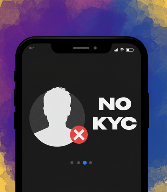 A phone screen emphasizing the No KYC aspect of the virtual card